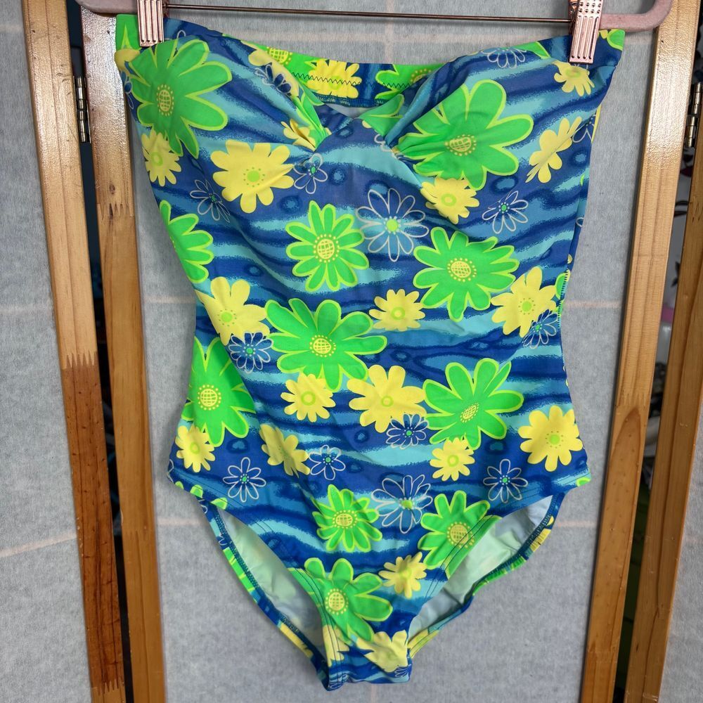 Vintage Beach Bay Women's 12 Strapless Retro Floral‎ Blue Green V Cut Bikini